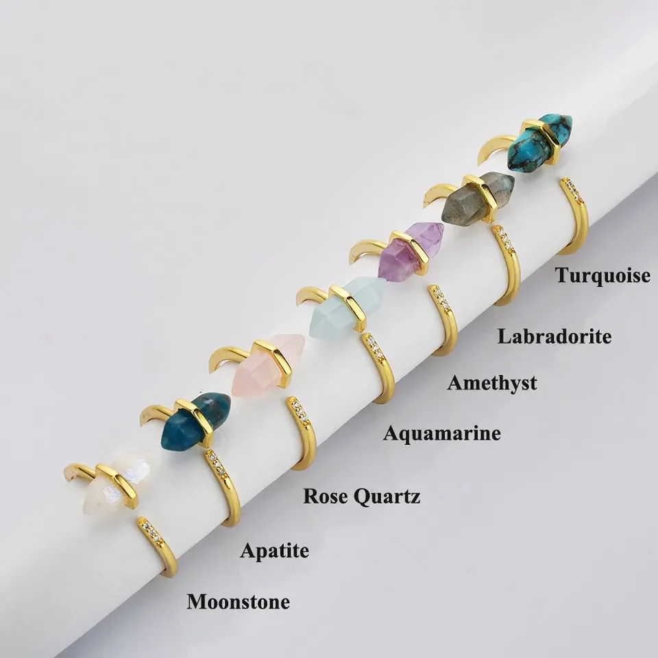 A1074 Natural Healing Raw Stones Crystal Gemstone Women Ring Jewelry Sets double point stone ring