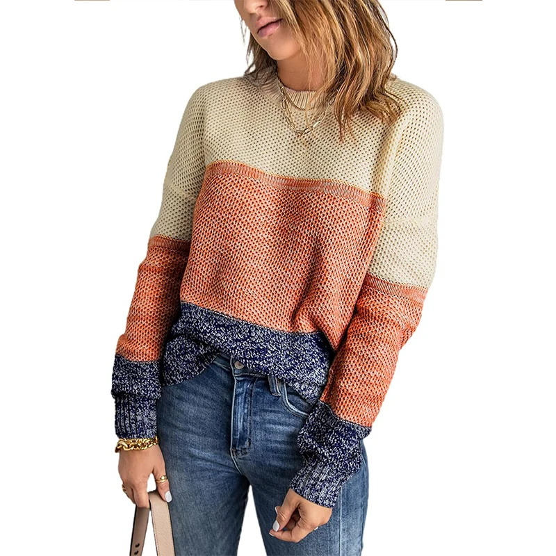 OEM  wholesale women  knitted crop tops color block patchwork sweaters long sleeve crochet coverup trendy autumn sweater