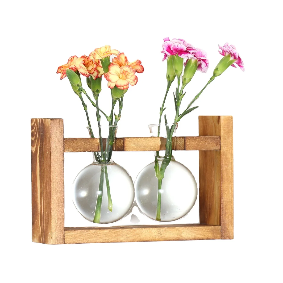 Vintage Two Bulbs Vintage Home Decor Gift Ornaments Frame Hydroponic Flower Vase Glass & Crystal Vases Living Room Table Wooden