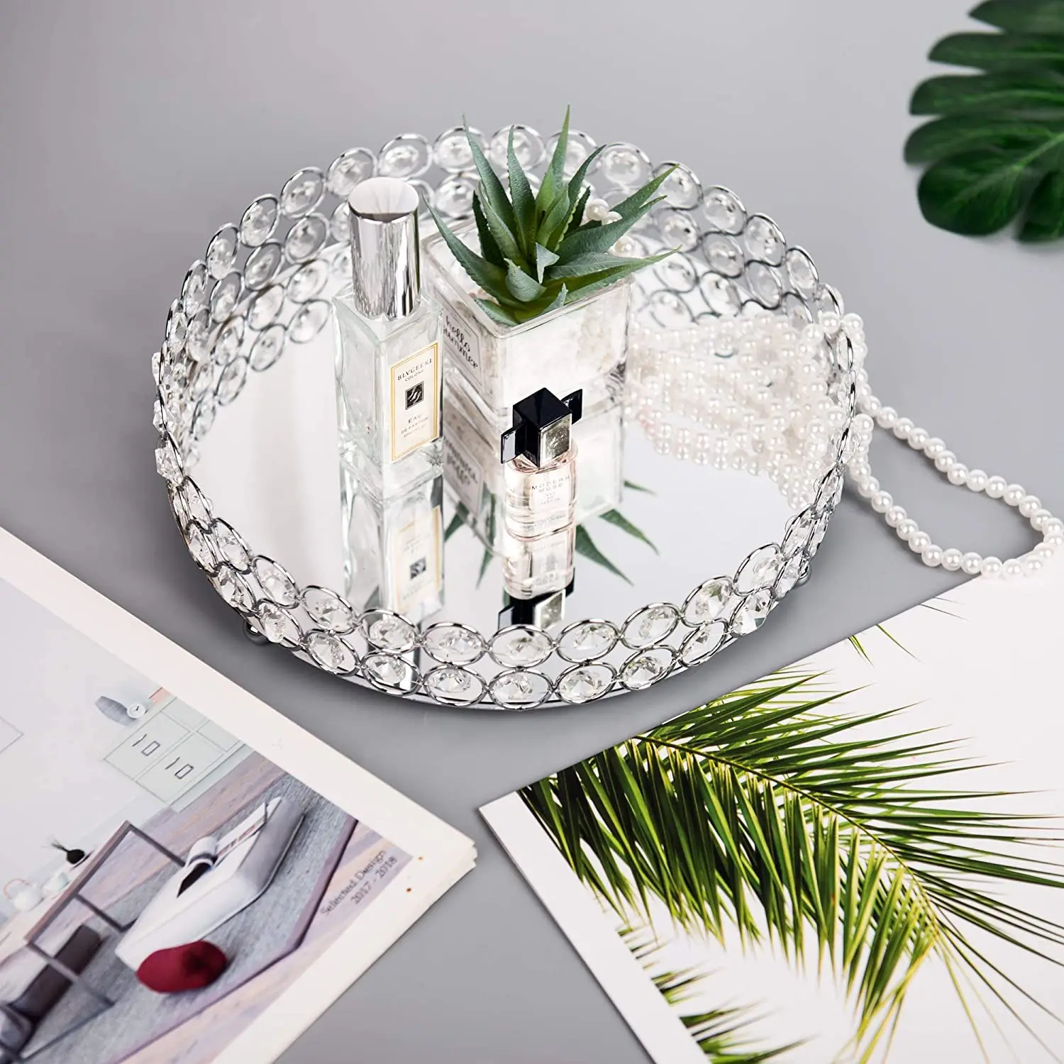Perfume Skin Care Organizer Crystal Cosmetic Rectangle Vanity Tray Makeup Jewelry Trinket Organizer Mirror Decorative Tray