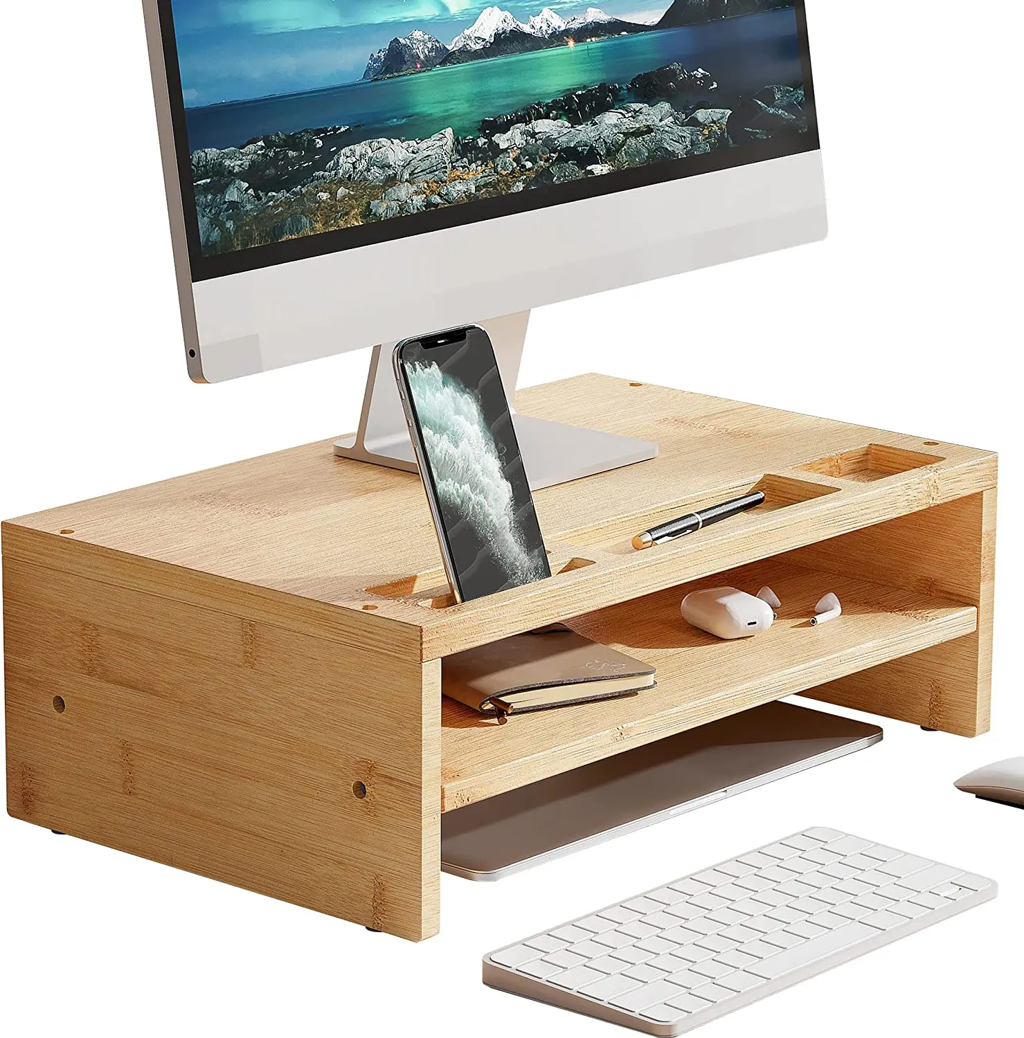 Bamboo Wood Computer Monitor Riser Stand with Storage Keyboard Save Space Laptop Stand Desktop Organizer