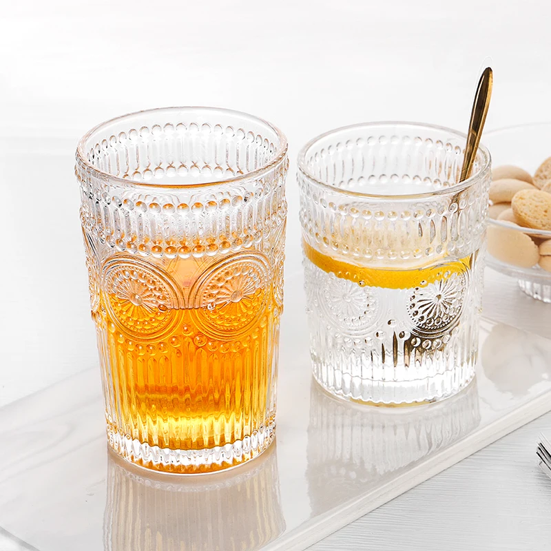 Antique Reusable Class Cups Clear Color Fancy Embossed Glass Cups Sunflower Pattern Juice Wine Milk Cup Glassware Drinkware Gift