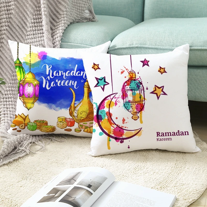 
Happy Greeting in Arabic Freehand Lamp Ramadhan Kareem Adha Polyester Decor Throw Pillow Cover Square 18x18 Inches 