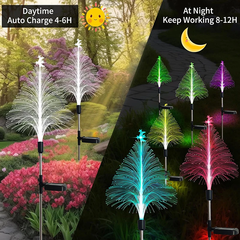 Solar Power Christmas Tree Garden Stake Lights Outdoor Waterproof Yard Pathway Outside Decorative Fiber Optic Jellyfish Lights