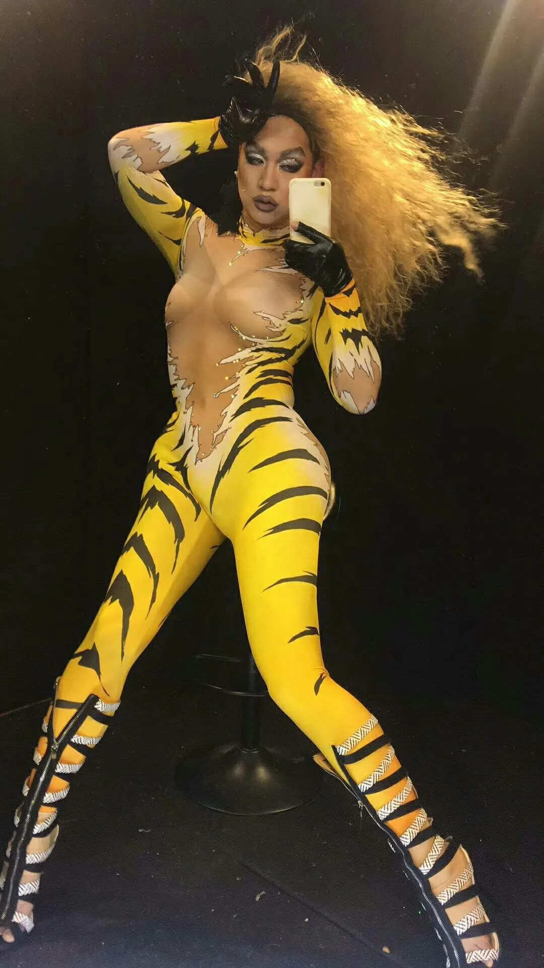 Designer Tiger Print Rhinestone Bodysuits Halloween Show Cosplay Costume Female Rompers Women Stage Performance Bodycon Jumpsuit