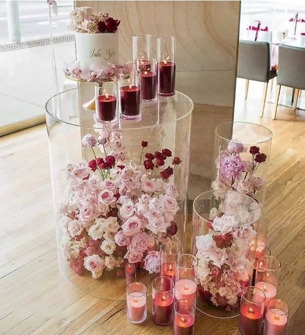 Birthday Party Clear  Round Pillar Pedestal Wedding Birthday Decorative Columns White Square Acrylic Stand For Cake Flower