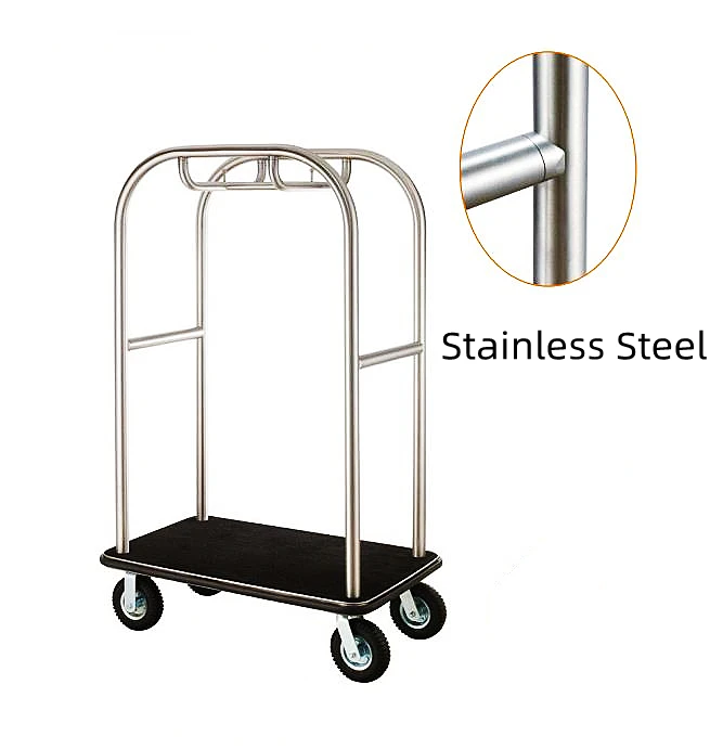 Hotel Silver Stainless Steel Lobby Baggage Trolley with Four Wheels Heavy Duty Hand Luggage Cart