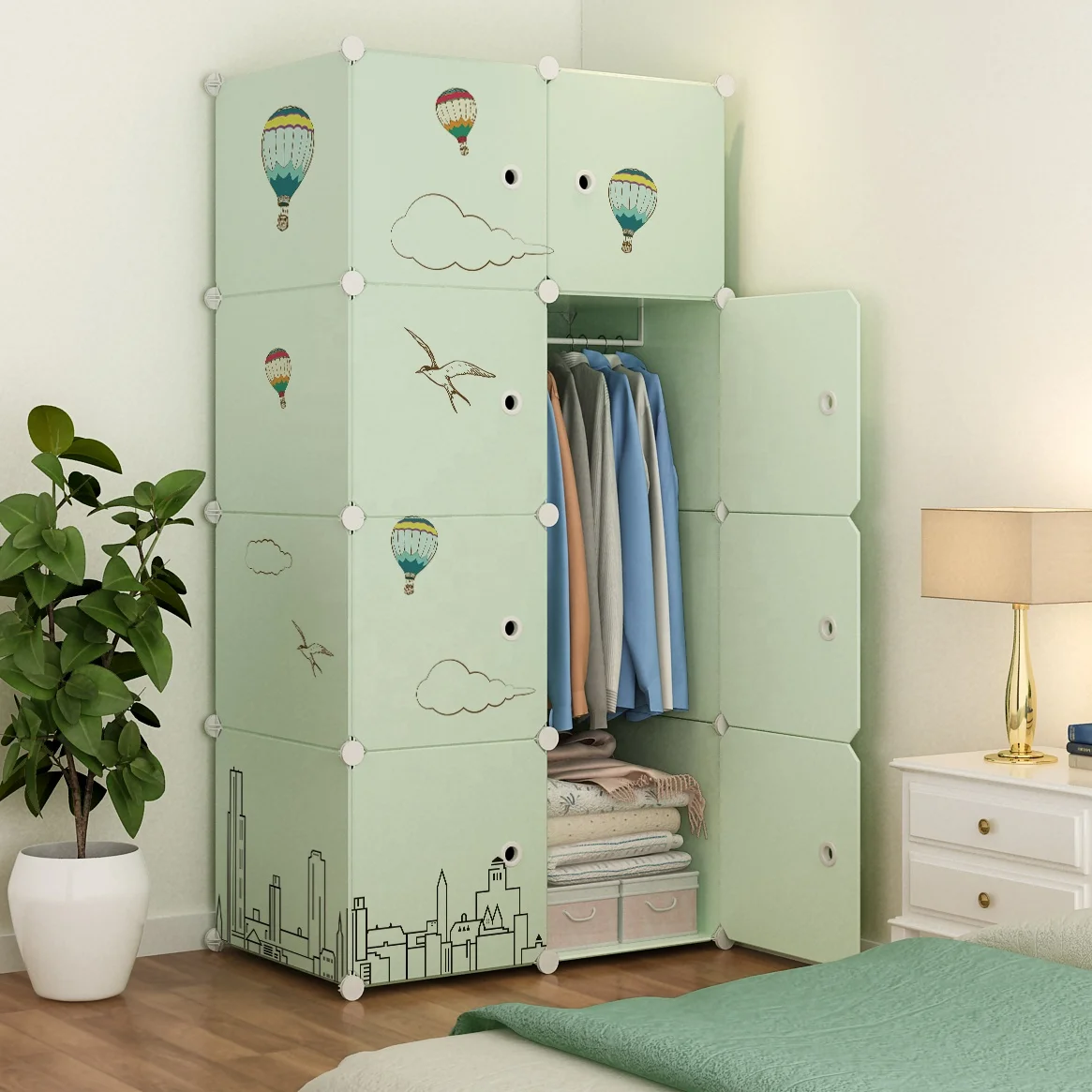 Hot Sale Clothe Storage Cabinet Rectangular Plastic Foldable Wardrobe Organiser Green Color With Stickers Portable Cube Wardrobe