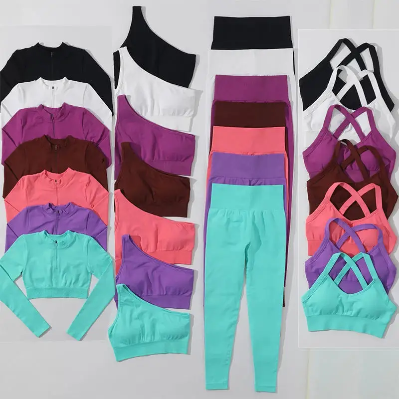Custom Seamless Solid Color Sexy Wholesale Yoga Wear Workout Long Sleeves Short Sport Scruch Pant Leggings Fitnesswear Set Women