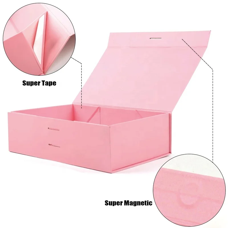 Customized logo Pink Large Recyclable Rigid Cardboard Foldable Clothes/Shoes Packaging Luxury Magnetic Gift Box with Ribbon