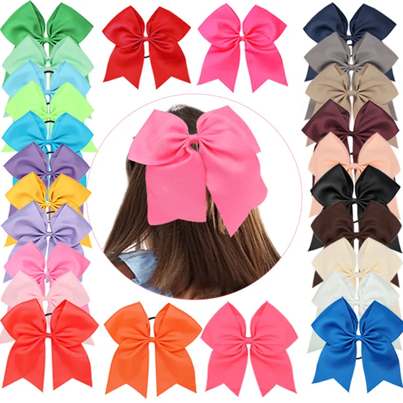8 inch Plain Ribbon Cheer Bow With Elastic Band For Girls Kids Large Cheerleading Bows Ponytail Hair Accessories