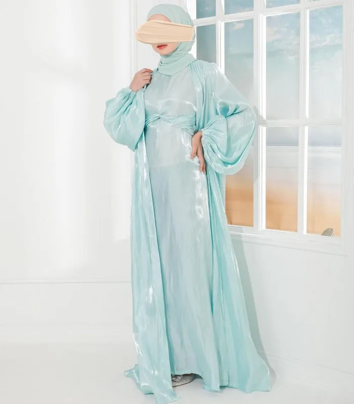 SIPO Premium Fashion Muslim Clothing Satin Silk Cardigan Aqua Blue Abaya Dress Puff Sleeve Dresses With Shawl Hijab