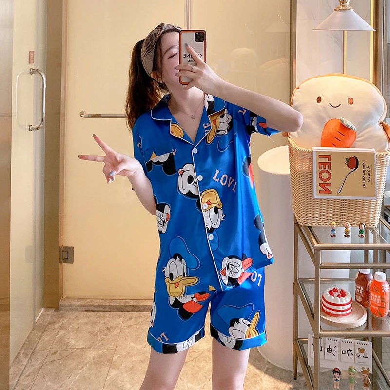 Custom Made  Short Sleeve Satin Pajamas Button Up Shirt PJ Set Contrast Piping Nightwear