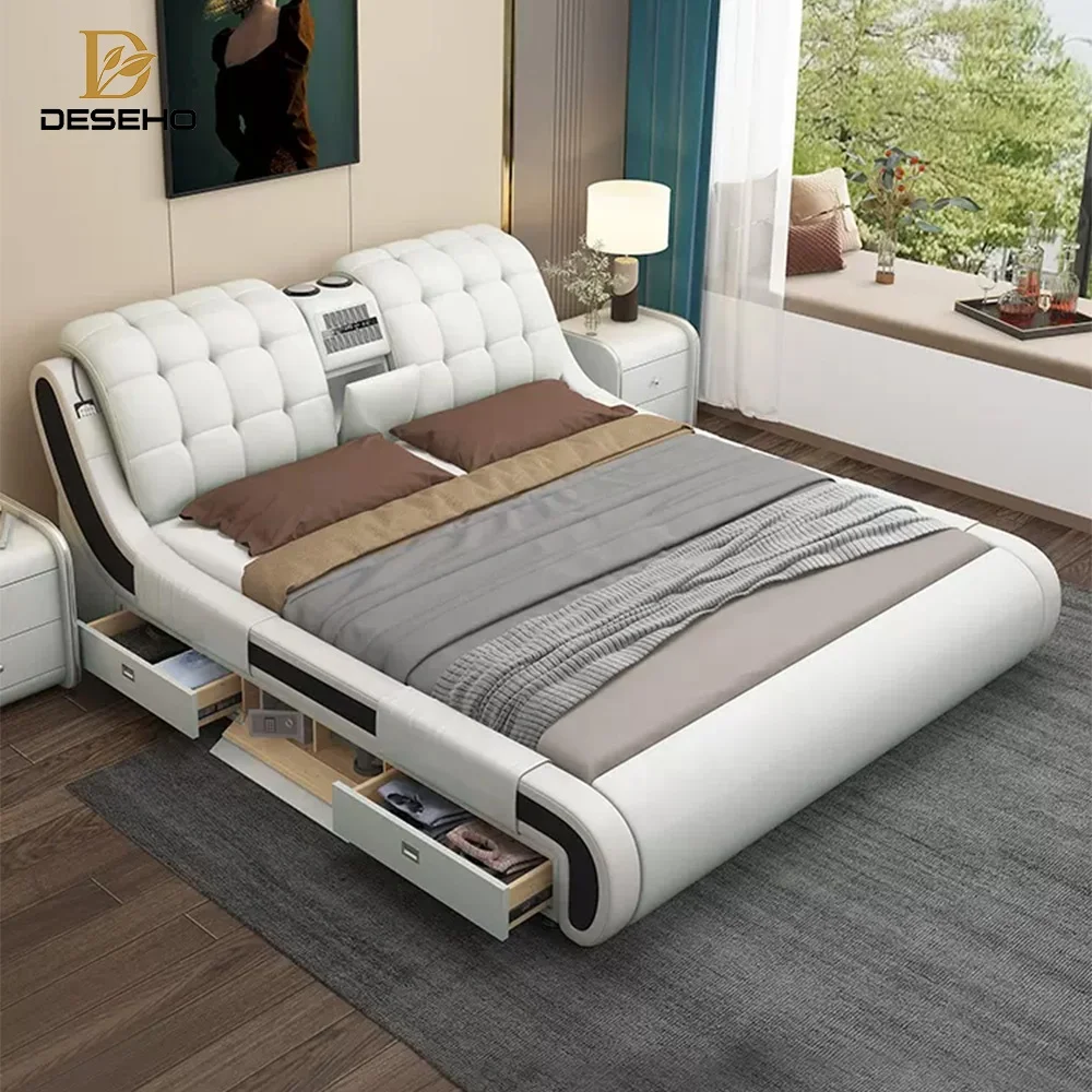 Modern Design Smart Leather Bed King Size Double Bedroom Furniture Set Queen Size Multifunctional Smart Luxury Bed With TV