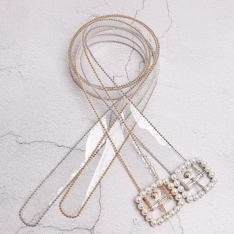Stock 2.5cm wide fashion casual versatile Pearl Rhinestone Pin transparent clear PVC belt strap Buckle for women jeans