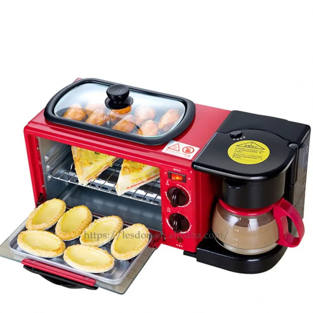 Kitchen appliance red Multi-Functional Breakfast Maker Non-Stick Griddle Oven Tray Coffee Maker 3 in 1 breakfast makers