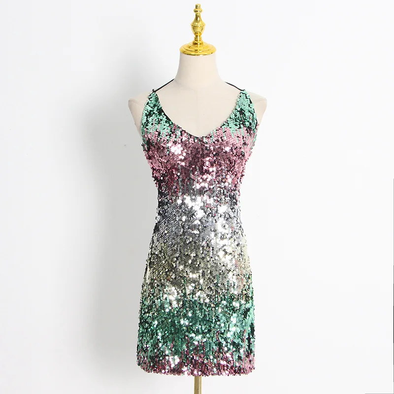 Fashion V-neck sleeveless gradual backless strap-up dress sexy sequin suspender skirt