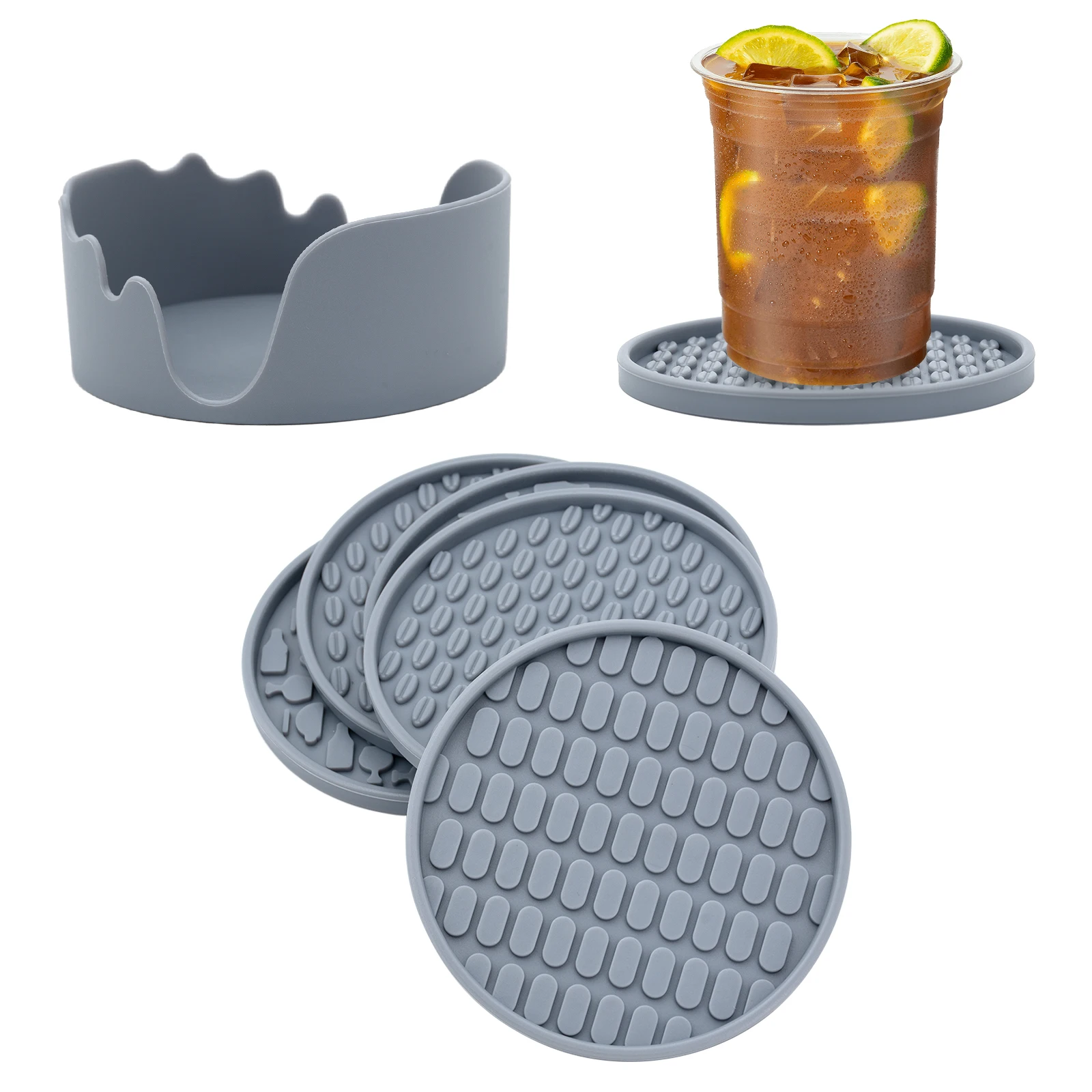 Drink Coasters with Holder Set of 6 Silicone Coasters Non-Slip Cup Mat Heat Resistant Coaster for Prevents Furniture