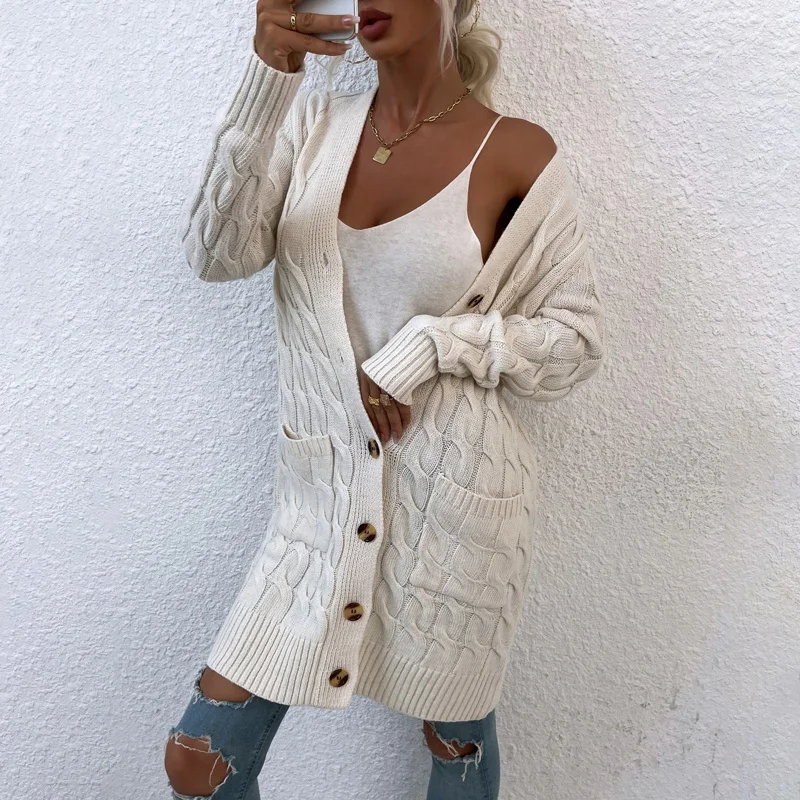 Однотонный длинный однобортный Кардиган с карманами, свитер для женщин, новый дизайн 2021