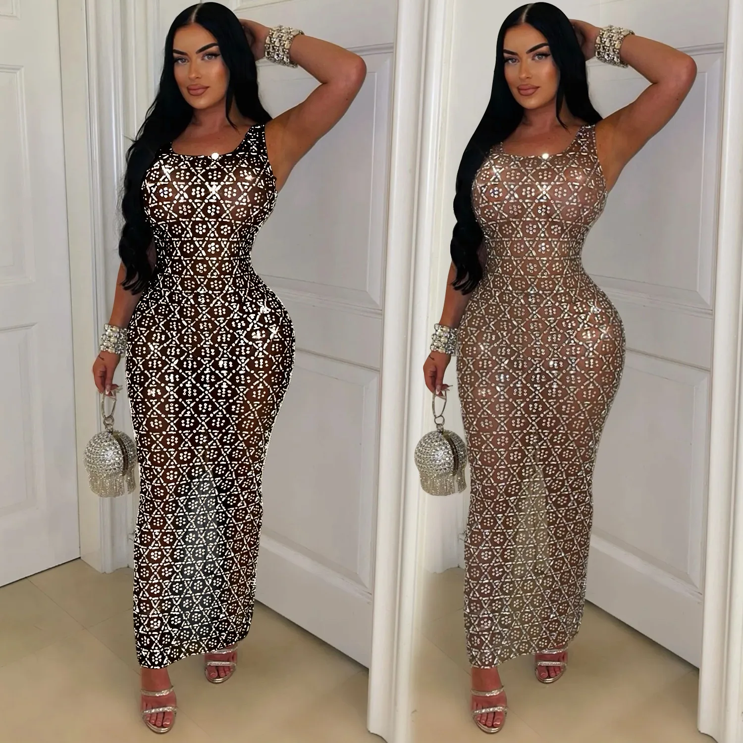 Женское длинное платье из сетчатой пряжи без рукавов