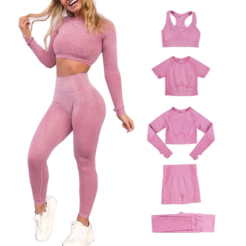 Women Seamless 5 Piece  Suits Yoga Sets Gym High WaistSuits Sleeveless Fitness Training Sport Running Sportswear Bra Pants