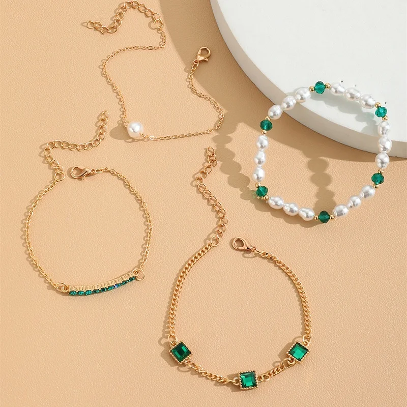 4Pcs/set Elegant Imitation Pearl Beaded Bracelets Women Noble Green Simulation Crystal Bracelet Femme Jewelry Party Gift