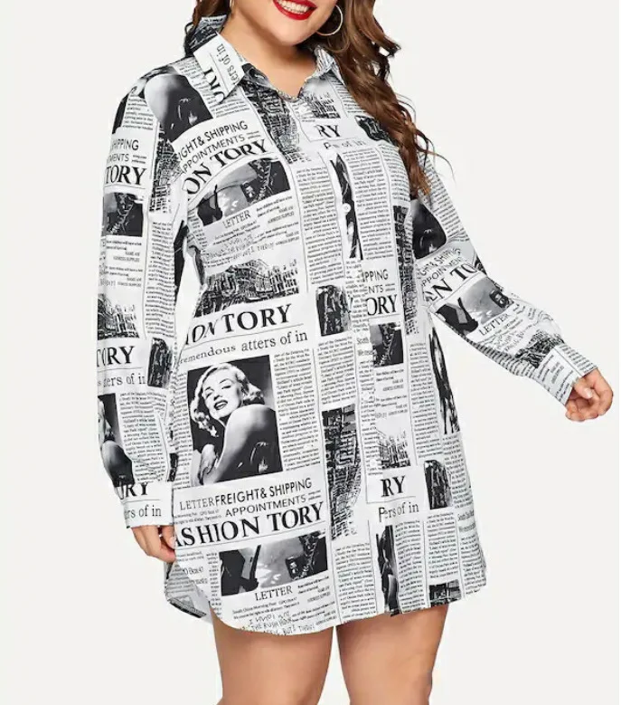 New Arrival Plus size XL-4XL Women newspaper printed dress with lapels