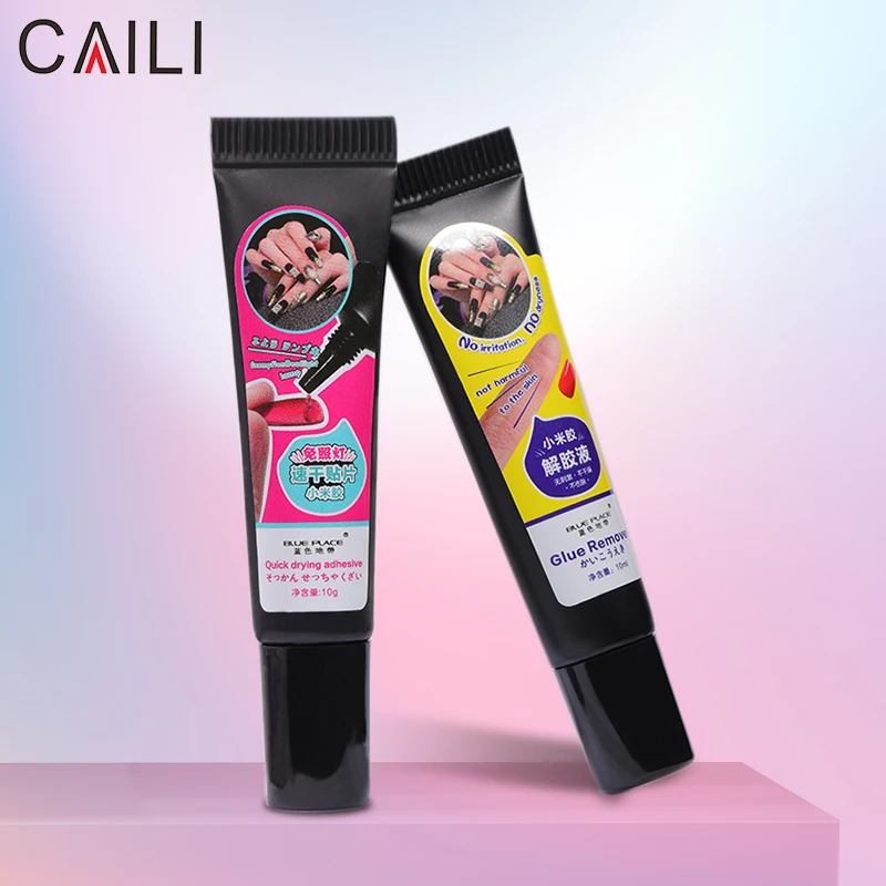 Caili Two-piece set 10ml Solid gel Nail Glue and 10ml Remover  for Nail Tip Press on Nails