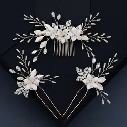 SLBRIDAL Handmade Rhinestones Alloy Ceram Flower Opal Crystal Bridal Hair Comb Hair Pin Set Wedding Hair Accessory Women Jewelry