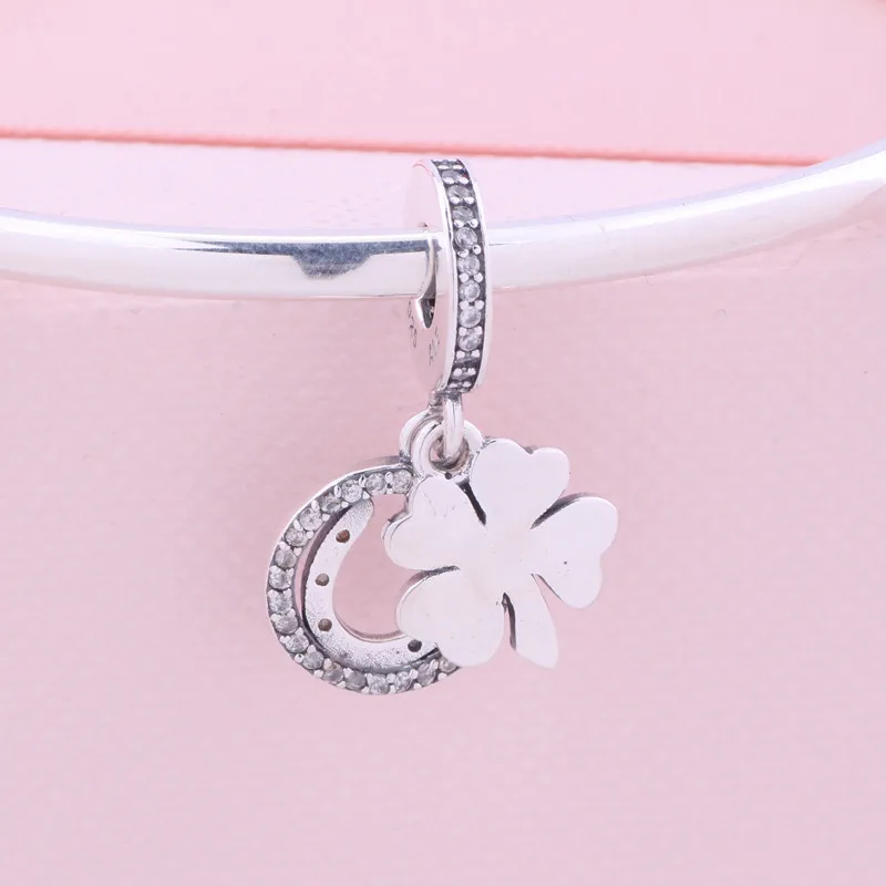 Wholesale Silver jewelry manufacture Lucky Day Dangle Charms Horseshoe Shape Four Leaf Clover Beads Jewelry Making for Bracelet