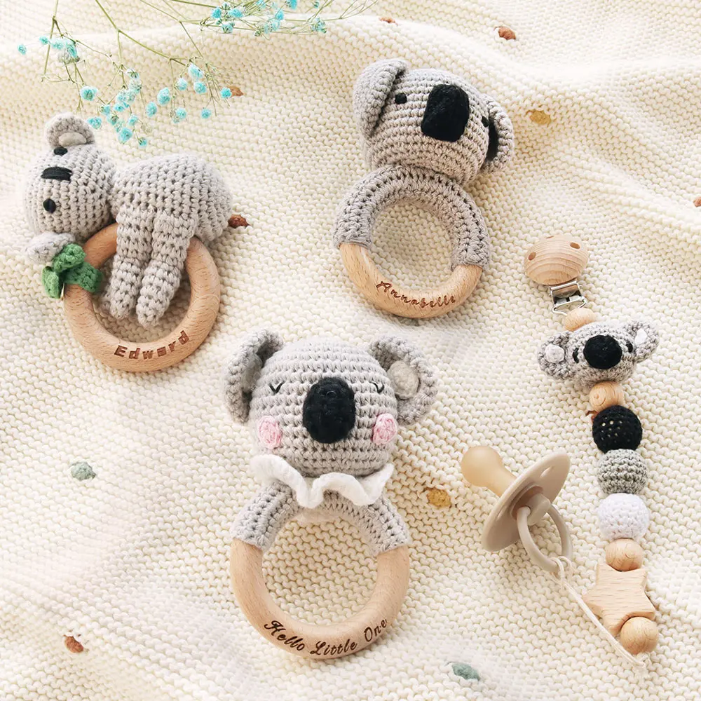 2024 Natural Safety Cotton Handmade Baby Wooden Teething Crochet Rabbit  Koala Bunny Baby Teething Ring Rattle