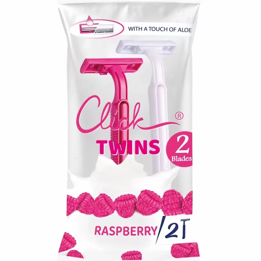 Factory Warehouse Supply High Quality Disposable Twin Blade Razor Click Twins Raspberry Plastic Handle Ladies Razor Shaving