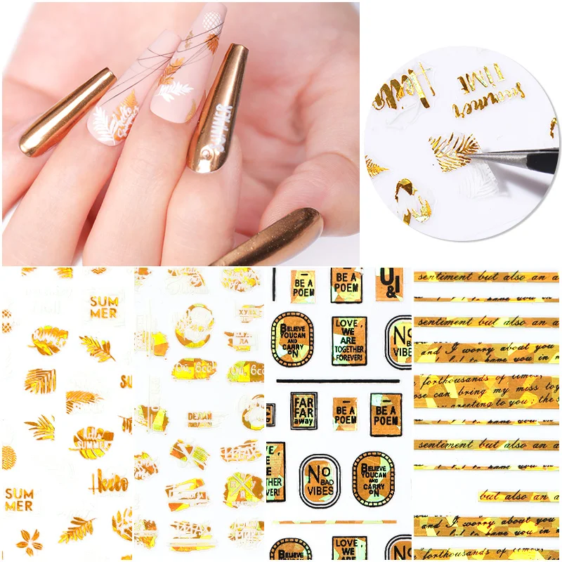 11 designs 10.5*8cm options 3d self adhesive glitter laser gold nail sticker decal letter for nail art