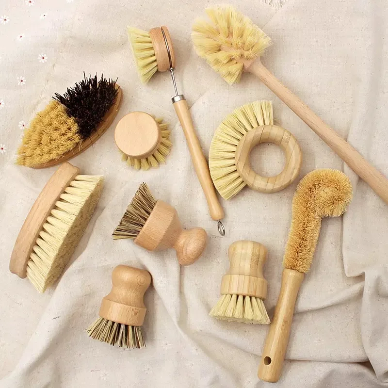 .Zero Waste Eco-friendly Natural Wooden Washing Brush Reusable Sisal Dish Brush Bamboo Dish Brush Set