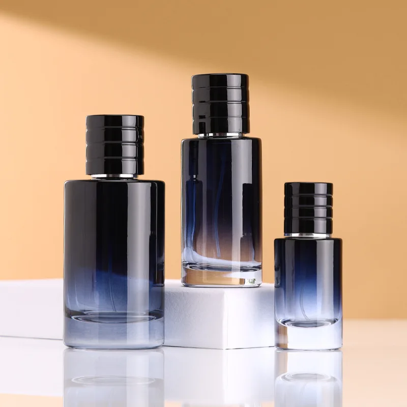 New Design 50ml 100ml Luxury Crimp Neck Spray Gradient Color Glass Perfume Empty Cylinder Bottle With Magnet Cap