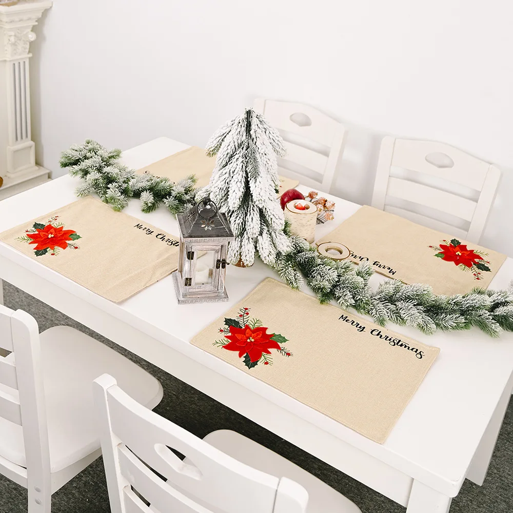 18 Inch Christmas Decoration Linen Red Flower Applique Embroidery Rectangle Merry Christmas Table Dress Thermal Insulation Mats