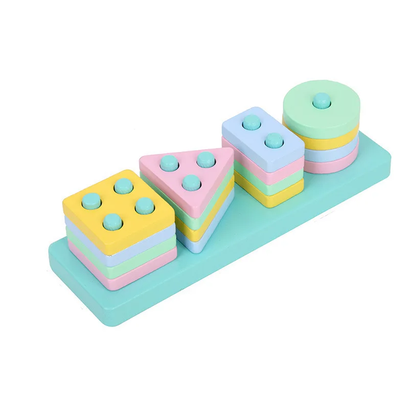Colorful Wooden Puzzles Board Geometric Shape Stacker Education Toys Kids DIY Wooden Blocks Column Toy Gift