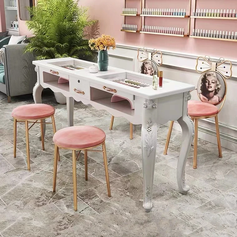 Wholesale Modern Pink Manicure Station Manicure Table And Chairs Metal Nail Bar Table