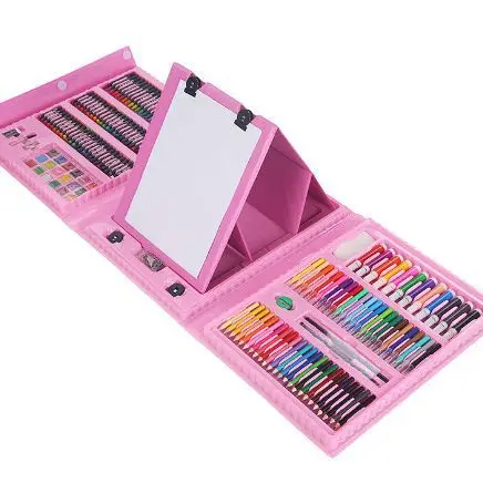 Non-Toxic Kids Plastic Case Watercolor Pen Colour Pencil 208 Pieces Art Drawing Set With Easel Kit