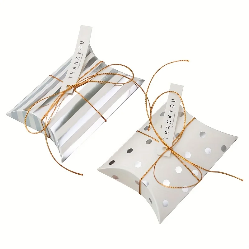 Eco Friendly Branded Wedding Favors Gift Box Golden Stripe Dot Decorative Christmas Treat Pillow Shape Box