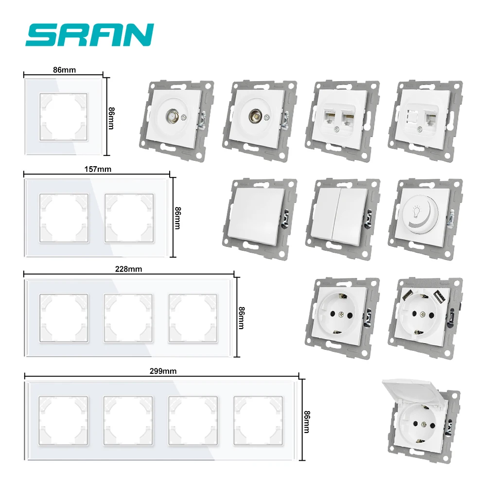 Eu Standard 16 Amp Glass Panel Homes Electric Electrical Plate Power Steckdose  German Outlet 86x86 Wall Socket