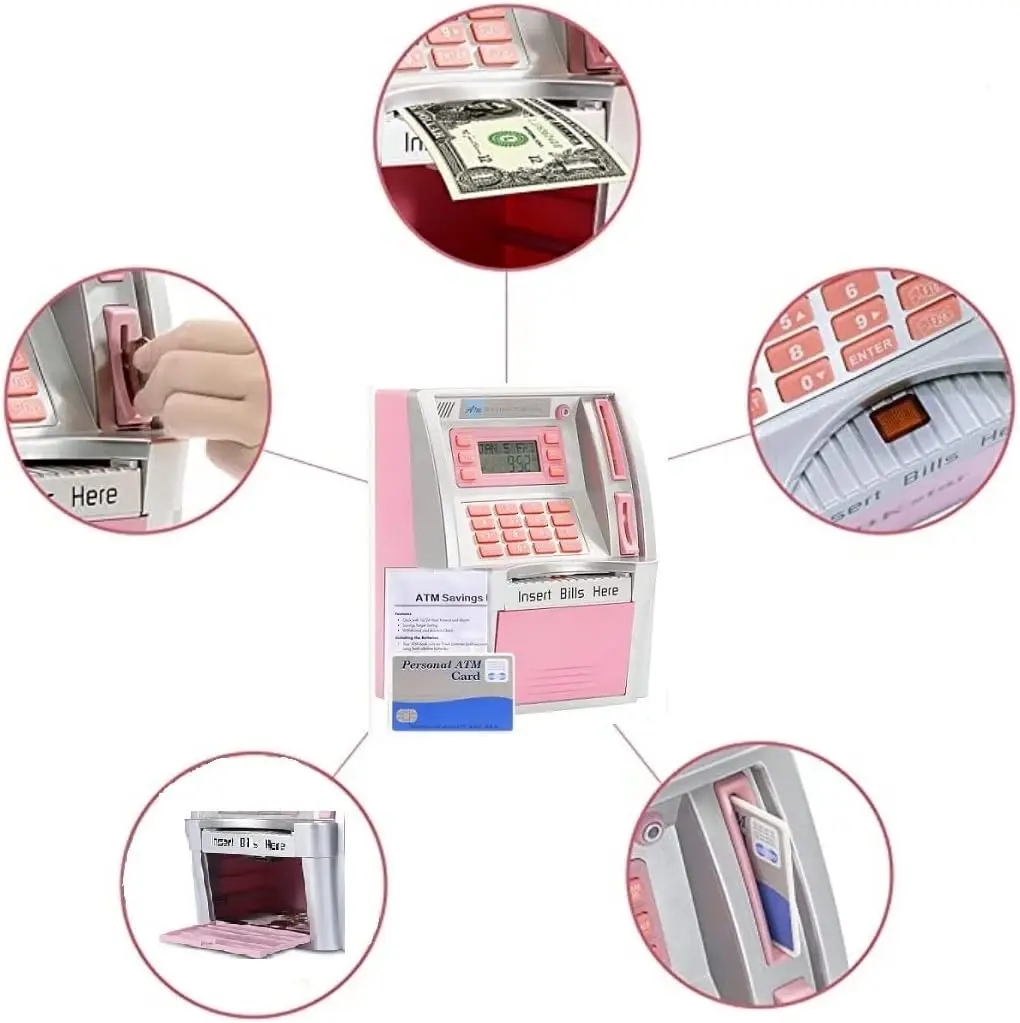 2023 Upgraded ATM Piggy Bank Savings Bank for Real Money for Kids Adults with Debit Card,  Password Login, Bill Feeder