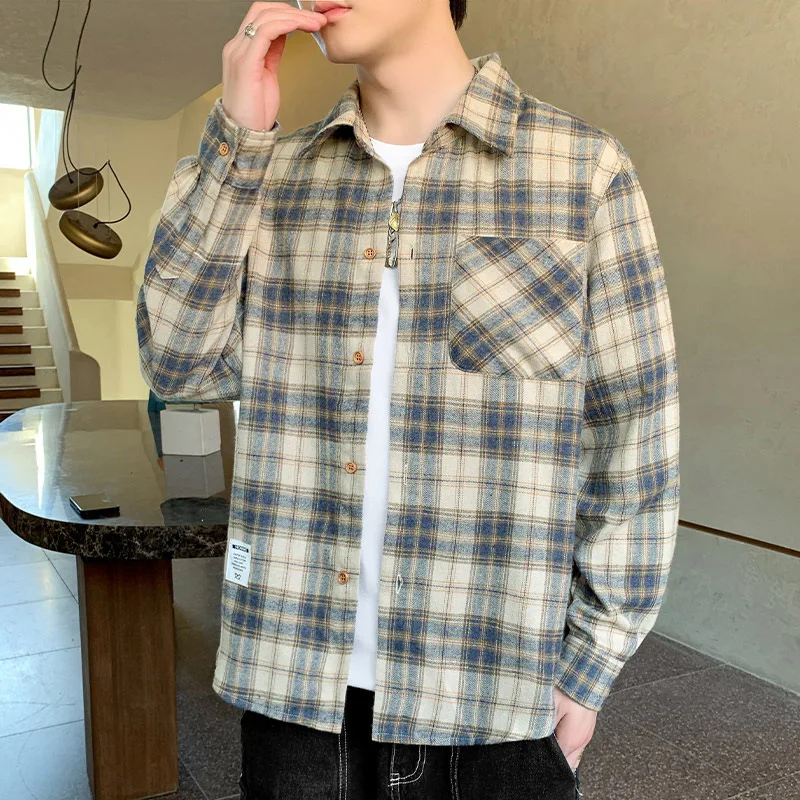 japanese style shirt long sleeve 2021 winter cargo shirts for men casual single-breasted plaid loose shirt men