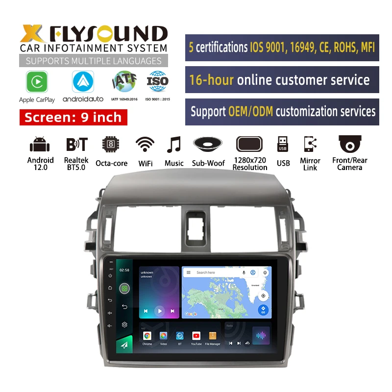 Flysonic Toyota Corolla 2006-2013 ODM services 9 inch IPS Screen 3+32G Navigation Stereo Android Car Radio