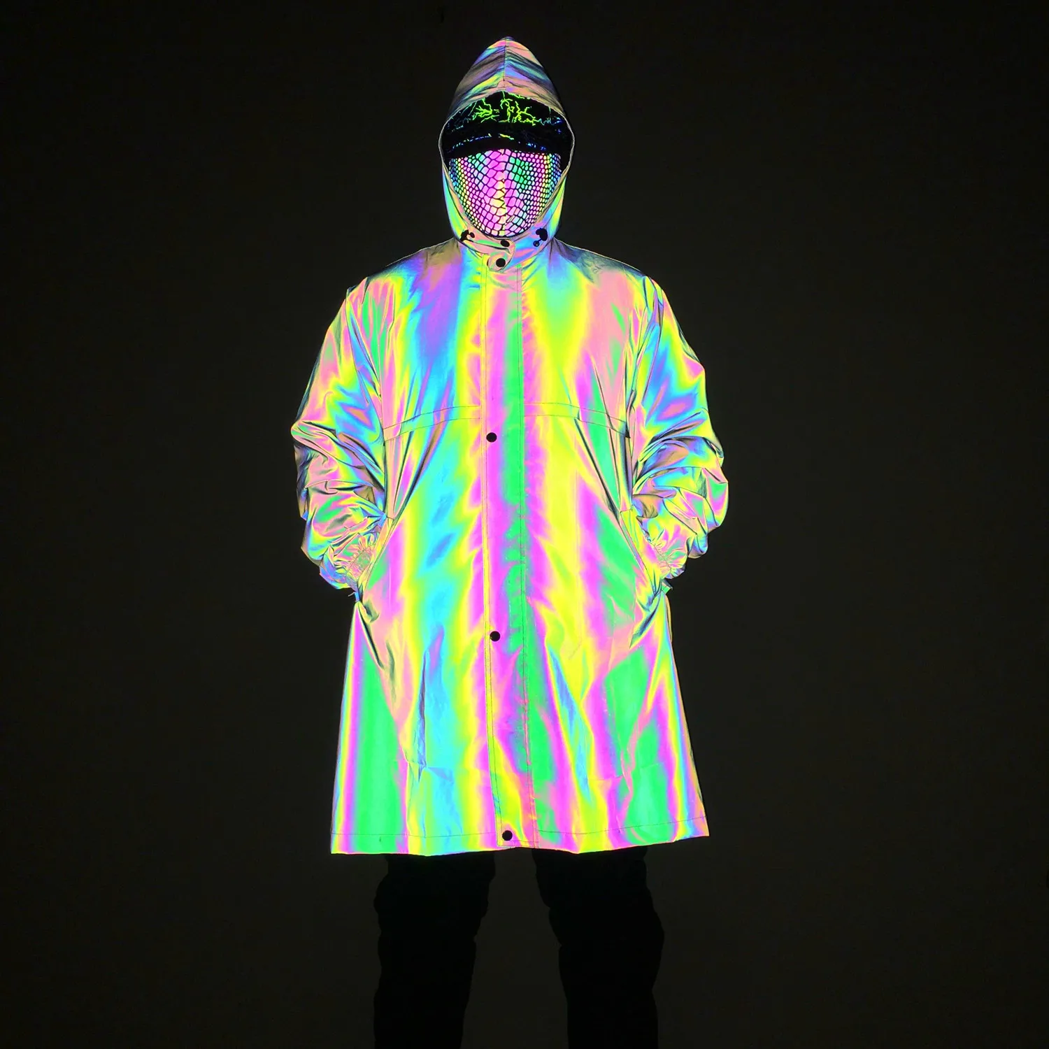 unisex waterproof outdoor streetwear rainbow color reflective long plus size men women safety luminous down coat hip hop jacket