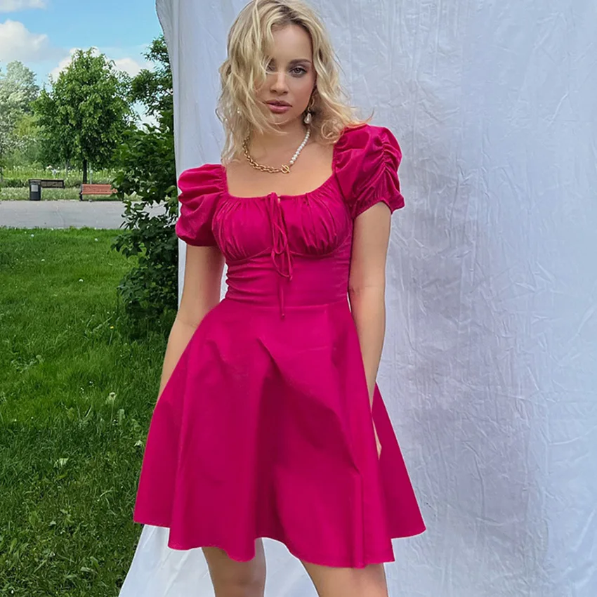 Mandy Summer Women Casual Short Dress Puff Sleeve Square Neck Fashion Dress Niche Designer American Clothes