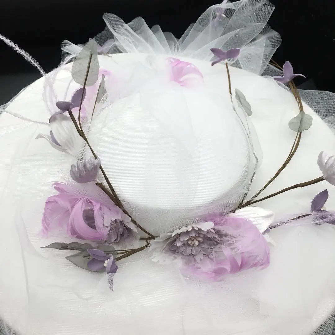 Bridal Hat Wedding Dress European Style Gauze Hat Versatile Accessories Feather Purple Flower Tea party Dinner Top Hat