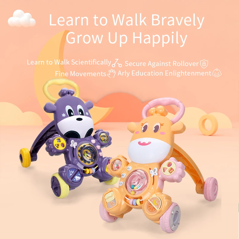 FiveStar New Arrival 4 Wheels Cute Toy Education Learning Cartoon Musical Toys Push Walker Sit-to-stand Learning Walker Kids