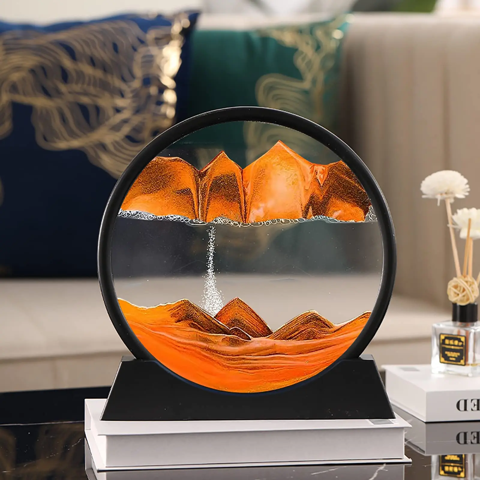7 Inch Moving Sand Art Picture Round Glass 3D Sand Art Liquid Motion Display Stand Large Desktop Art Toyshome Office Work Decor