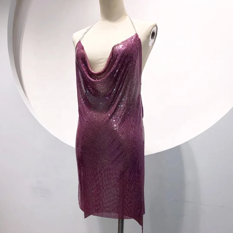 Женское сексуальное Клубное Радужное фиолетовое платье GC025 chainmail, женское вечернее платье на бретелях с открытой спиной